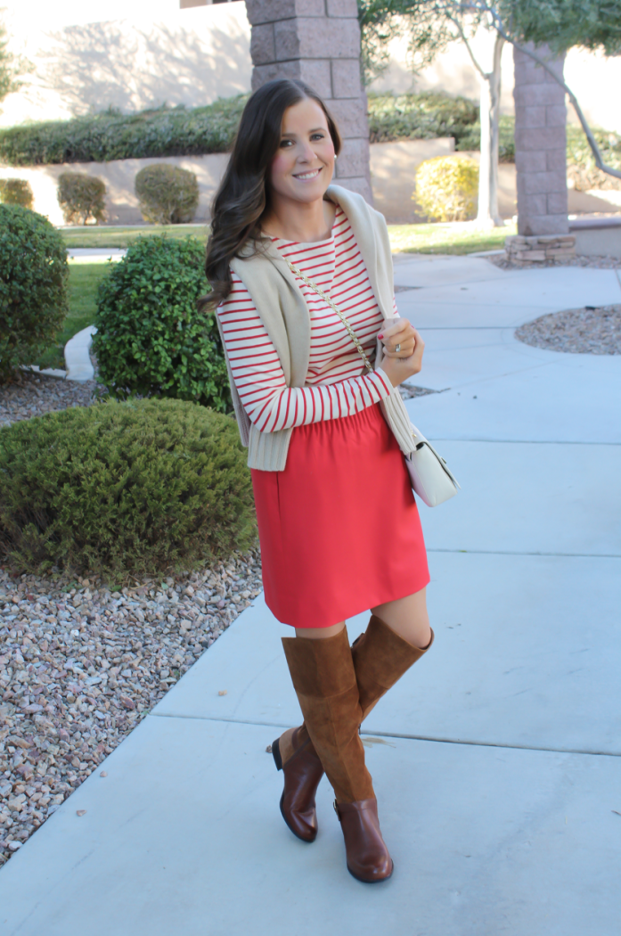 Brown Leather and Suede Over the Knee :boot, Red Mini Skirt, Red Striped Long Sleeve Tee, Tan Cashmere Turtleneck Sweater, Ivory Chain Strap Bag, Naturalizer Boots, J.Crew Factory, J.Crew, Tory Burch 11