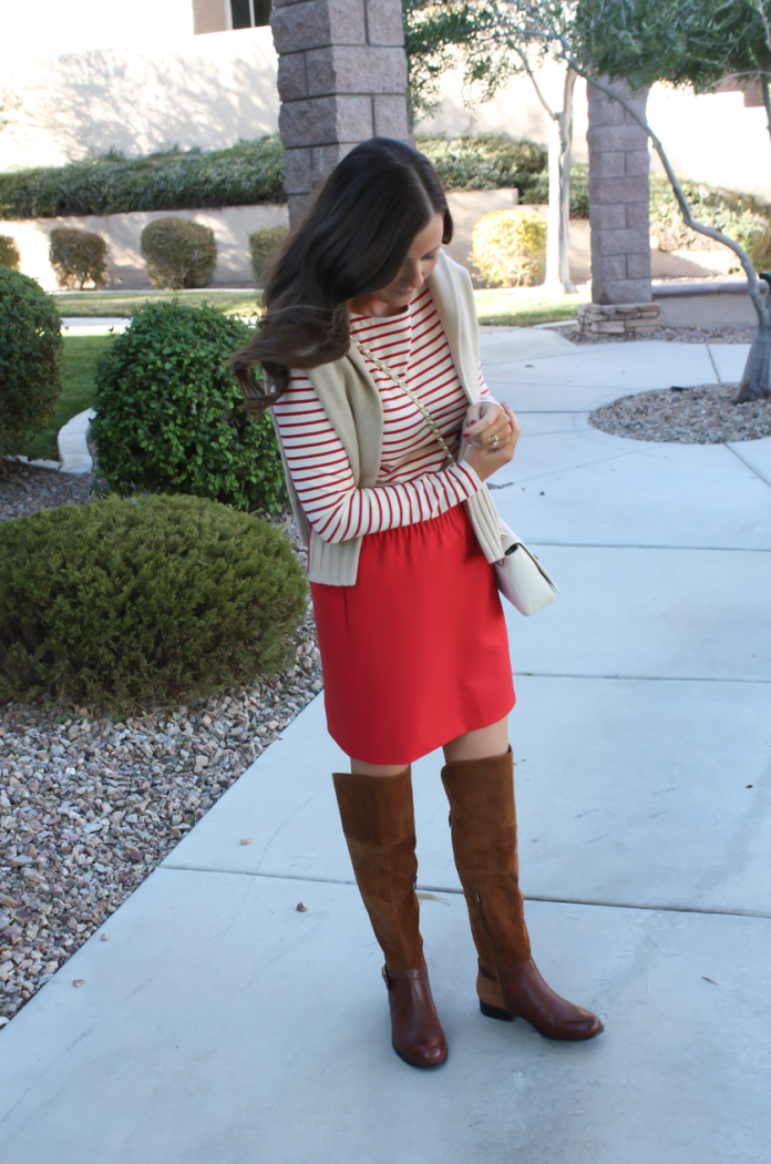 Brown Leather and Suede Over the Knee :boot, Red Mini Skirt, Red Striped Long Sleeve Tee, Tan Cashmere Turtleneck Sweater, Ivory Chain Strap Bag, Naturalizer Boots, J.Crew Factory, J.Crew, Tory Burch 12