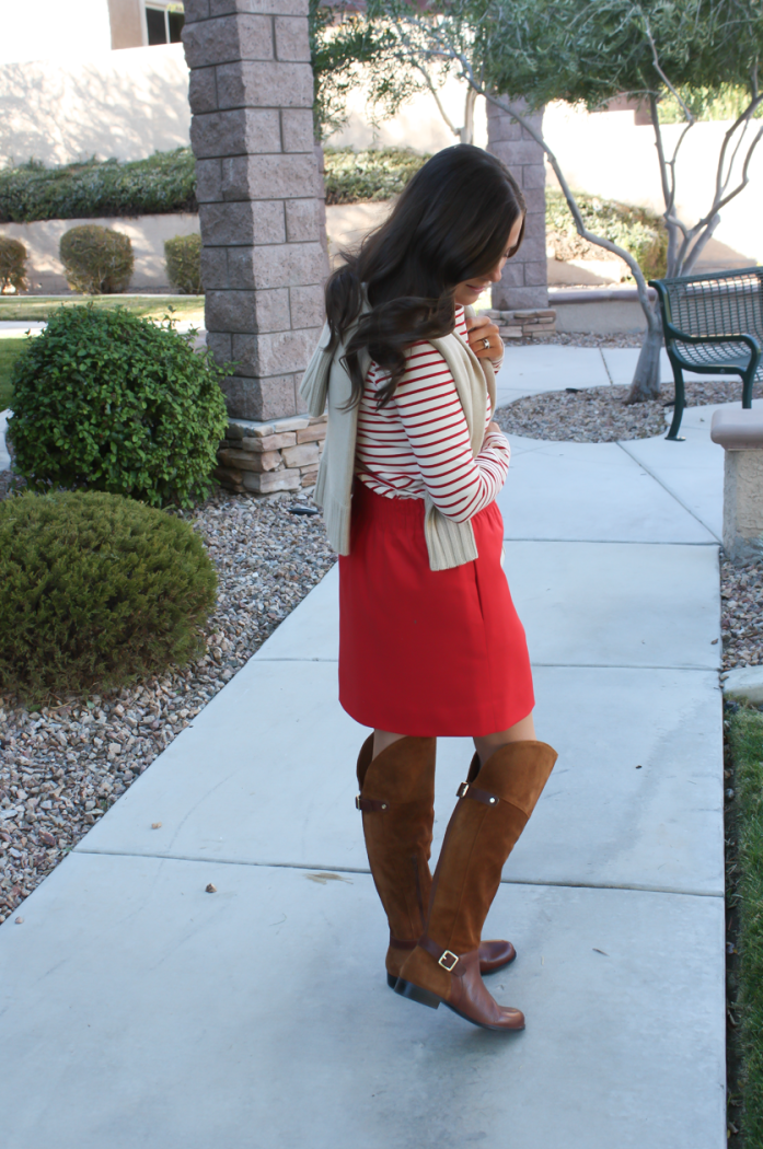 Brown Leather and Suede Over the Knee :boot, Red Mini Skirt, Red Striped Long Sleeve Tee, Tan Cashmere Turtleneck Sweater, Ivory Chain Strap Bag, Naturalizer Boots, J.Crew Factory, J.Crew, Tory Burch 14