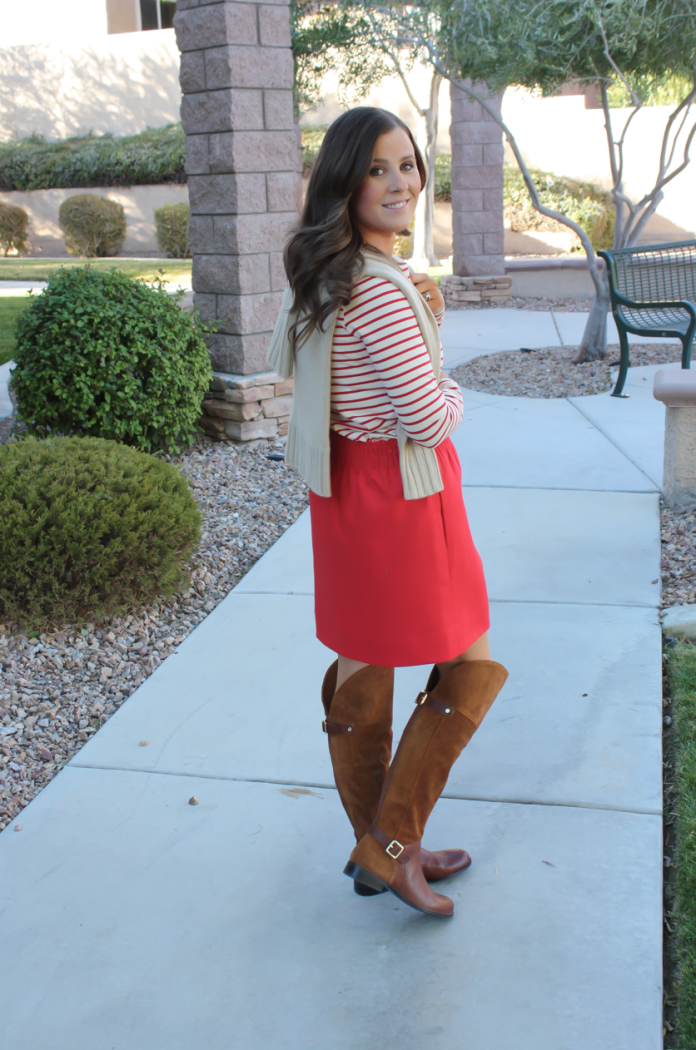 Brown Leather and Suede Over the Knee :boot, Red Mini Skirt, Red Striped Long Sleeve Tee, Tan Cashmere Turtleneck Sweater, Ivory Chain Strap Bag, Naturalizer Boots, J.Crew Factory, J.Crew, Tory Burch 15