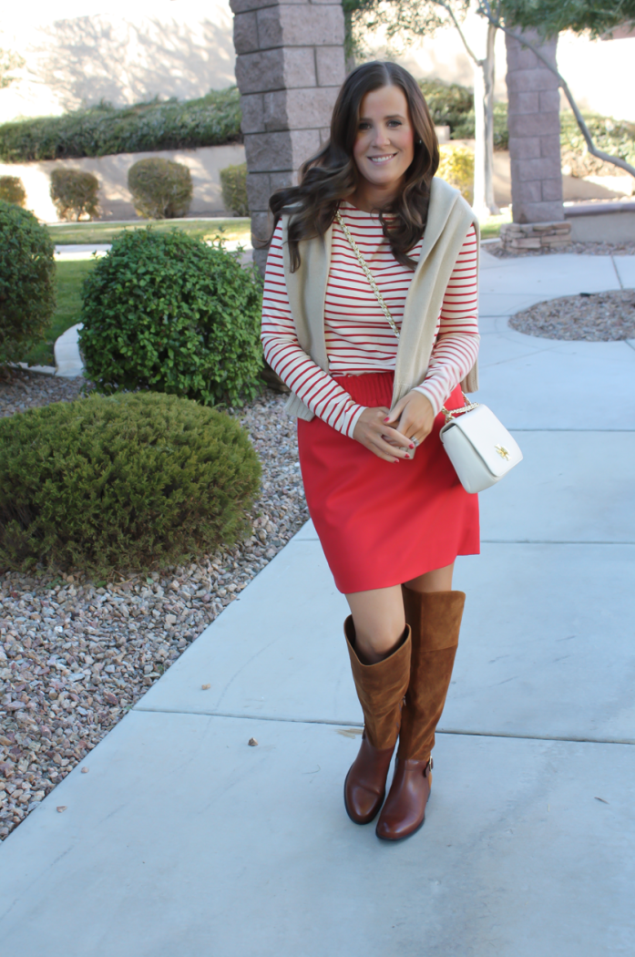 Brown Leather and Suede Over the Knee :boot, Red Mini Skirt, Red Striped Long Sleeve Tee, Tan Cashmere Turtleneck Sweater, Ivory Chain Strap Bag, Naturalizer Boots, J.Crew Factory, J.Crew, Tory Burch 16