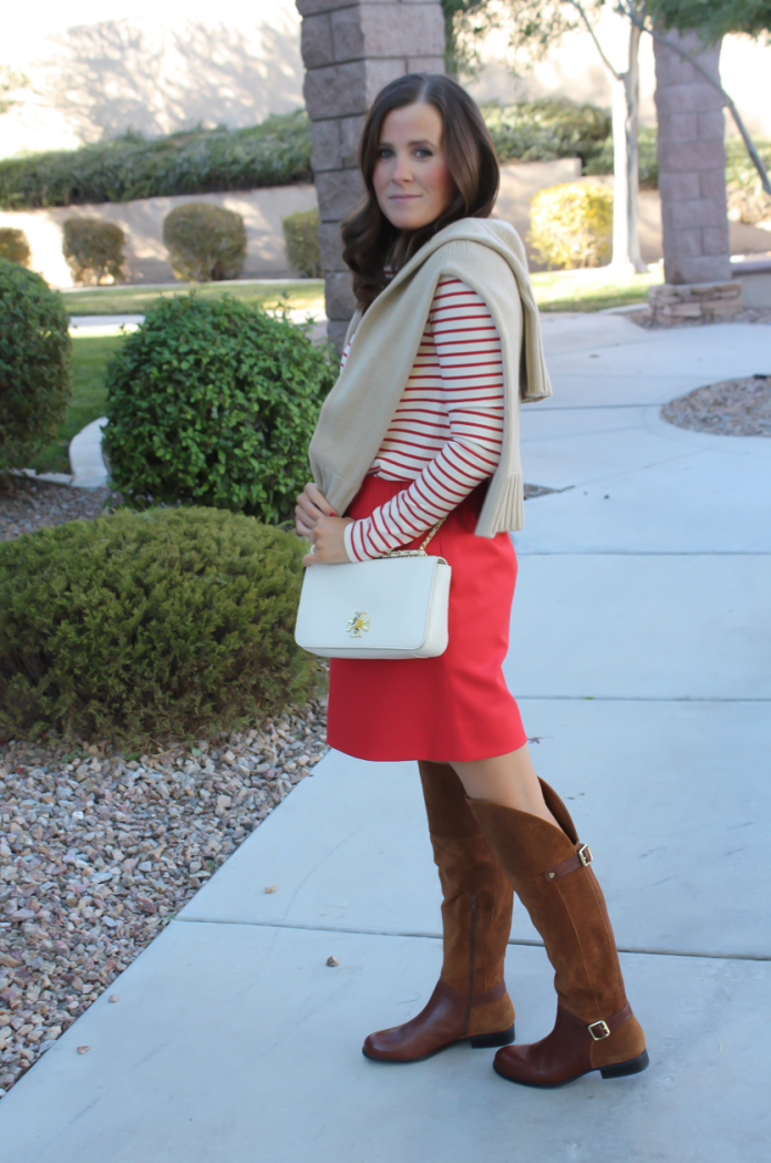 Brown Leather and Suede Over the Knee :boot, Red Mini Skirt, Red Striped Long Sleeve Tee, Tan Cashmere Turtleneck Sweater, Ivory Chain Strap Bag, Naturalizer Boots, J.Crew Factory, J.Crew, Tory Burch 17