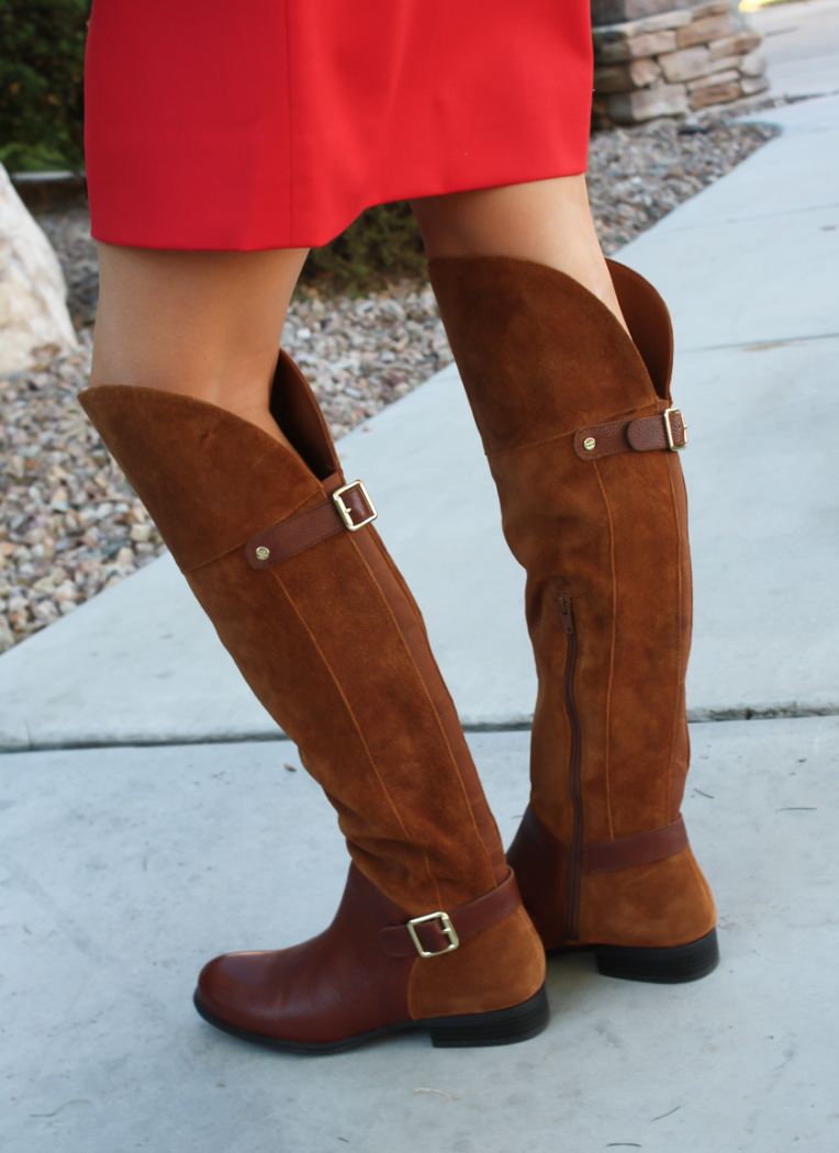 Brown Leather and Suede Over the Knee :boot, Red Mini Skirt, Red Striped Long Sleeve Tee, Tan Cashmere Turtleneck Sweater, Ivory Chain Strap Bag, Naturalizer Boots, J.Crew Factory, J.Crew, Tory Burch 27