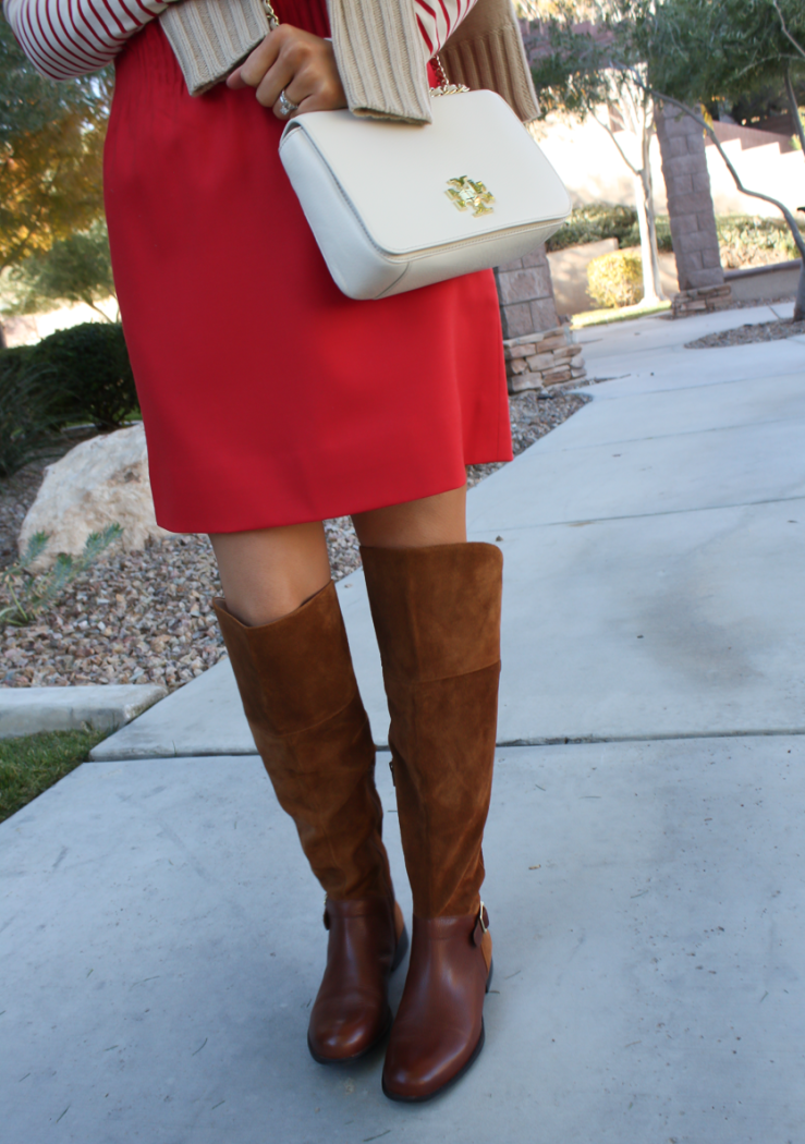 Brown Leather and Suede Over the Knee :boot, Red Mini Skirt, Red Striped Long Sleeve Tee, Tan Cashmere Turtleneck Sweater, Ivory Chain Strap Bag, Naturalizer Boots, J.Crew Factory, J.Crew, Tory Burch 28