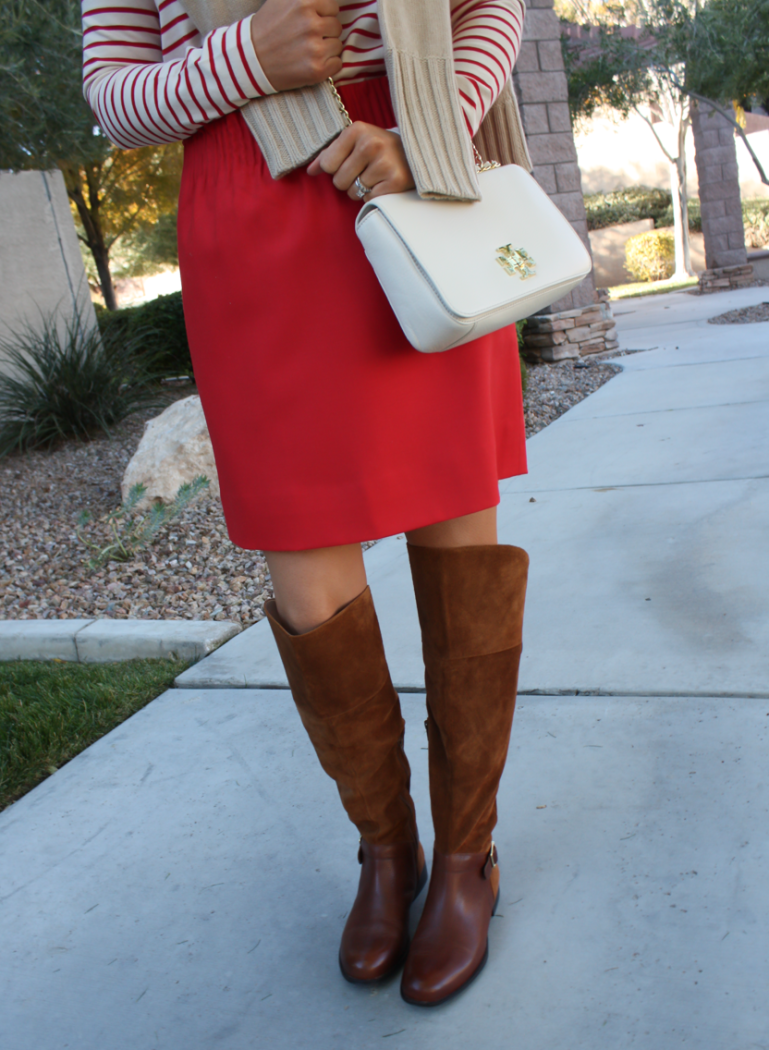 Brown Leather and Suede Over the Knee :boot, Red Mini Skirt, Red Striped Long Sleeve Tee, Tan Cashmere Turtleneck Sweater, Ivory Chain Strap Bag, Naturalizer Boots, J.Crew Factory, J.Crew, Tory Burch 29