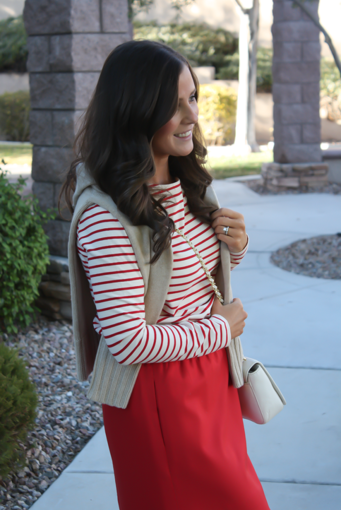 Brown Leather and Suede Over the Knee :boot, Red Mini Skirt, Red Striped Long Sleeve Tee, Tan Cashmere Turtleneck Sweater, Ivory Chain Strap Bag, Naturalizer Boots, J.Crew Factory, J.Crew, Tory Burch 3