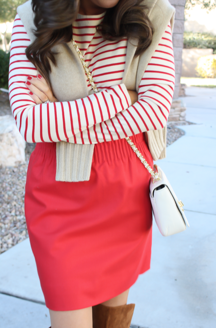 Brown Leather and Suede Over the Knee :boot, Red Mini Skirt, Red Striped Long Sleeve Tee, Tan Cashmere Turtleneck Sweater, Ivory Chain Strap Bag, Naturalizer Boots, J.Crew Factory, J.Crew, Tory Burch 30