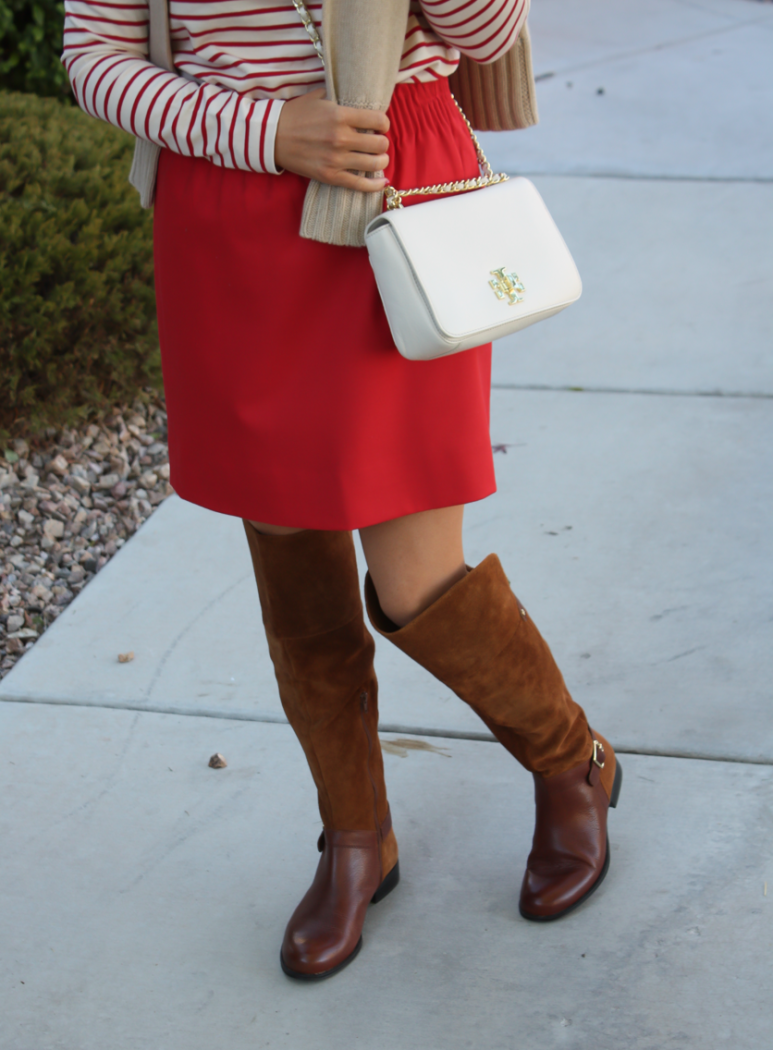 Brown Leather and Suede Over the Knee :boot, Red Mini Skirt, Red Striped Long Sleeve Tee, Tan Cashmere Turtleneck Sweater, Ivory Chain Strap Bag, Naturalizer Boots, J.Crew Factory, J.Crew, Tory Burch 4