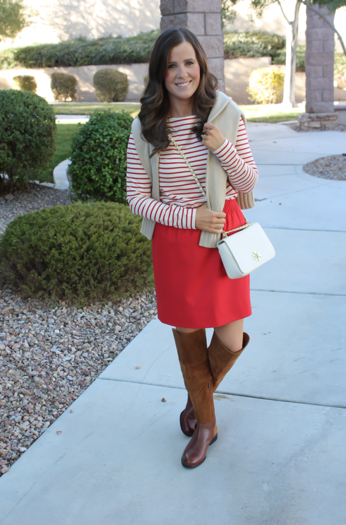 Brown Leather and Suede Over the Knee :boot, Red Mini Skirt, Red Striped Long Sleeve Tee, Tan Cashmere Turtleneck Sweater, Ivory Chain Strap Bag, Naturalizer Boots, J.Crew Factory, J.Crew, Tory Burch 6