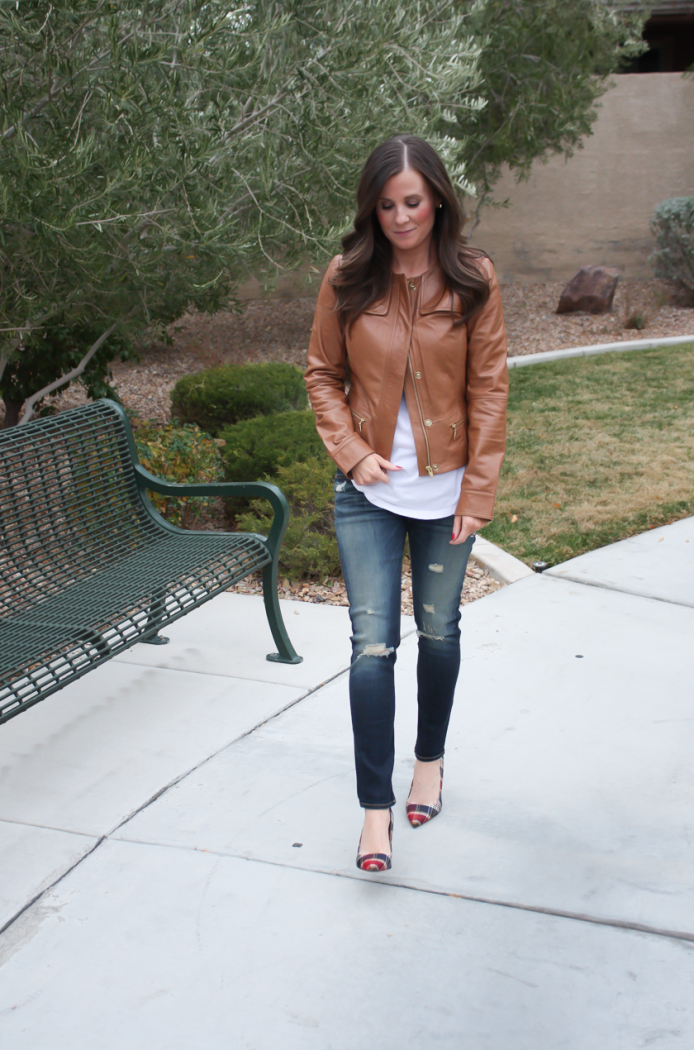 Caramel Leather Jacket, White Shirttail Tee, Distressed Skinny Jeans, Plaid Heels, Nordstrom, Halogen, BP, Rag and Bone, J.Crew 10