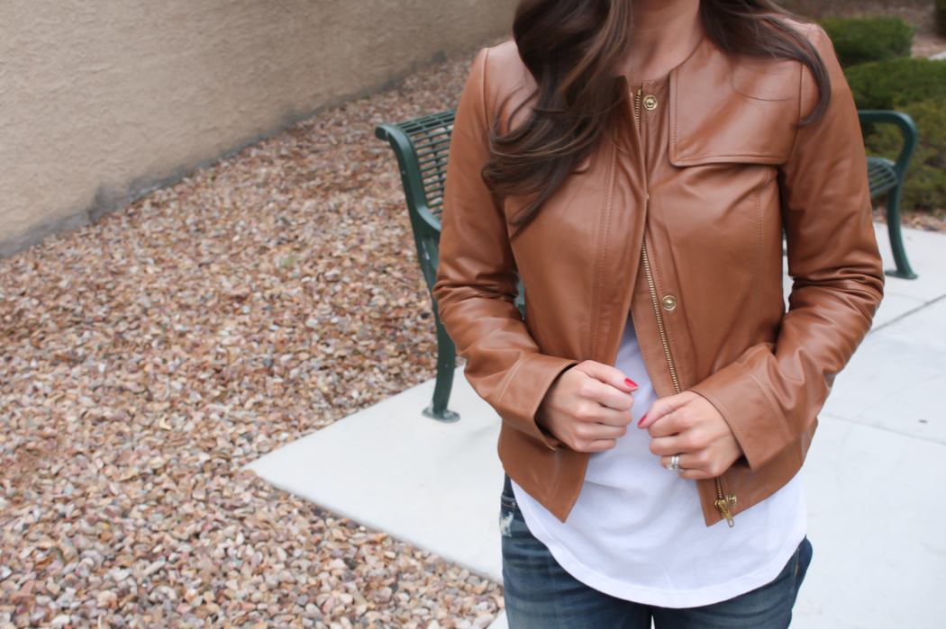 Caramel Leather Jacket, White Shirttail Tee, Distressed Skinny Jeans, Plaid Heels, Nordstrom, Halogen, BP, Rag and Bone, J.Crew 11