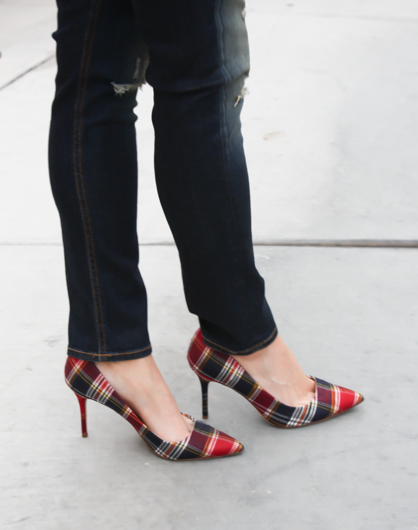 Caramel Leather Jacket, White Shirttail Tee, Distressed Skinny Jeans, Plaid Heels, Nordstrom, Halogen, BP, Rag and Bone, J.Crew 12