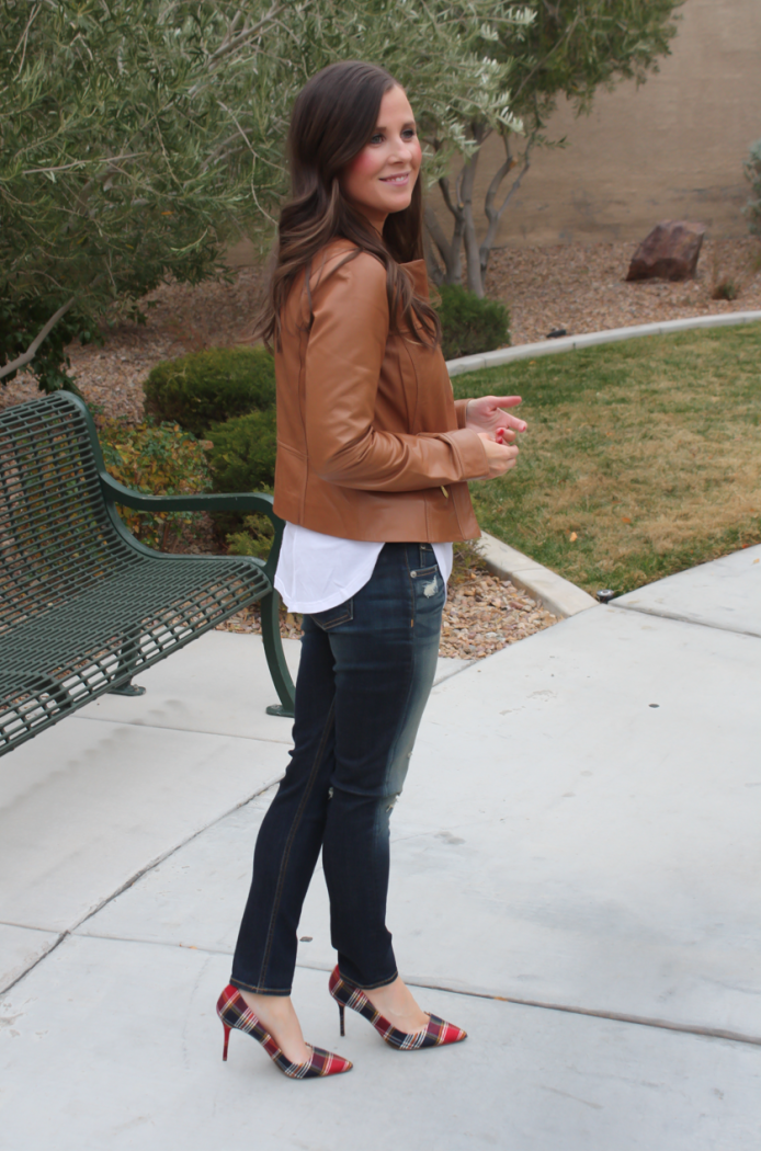 Caramel Leather Jacket, White Shirttail Tee, Distressed Skinny Jeans, Plaid Heels, Nordstrom, Halogen, BP, Rag and Bone, J.Crew 2