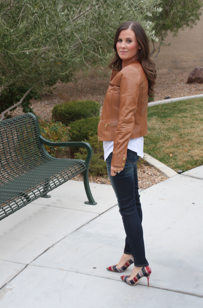 Caramel Leather Jacket, White Shirttail Tee, Distressed Skinny Jeans, Plaid Heels, Nordstrom, Halogen, BP, Rag and Bone, J.Crew 3