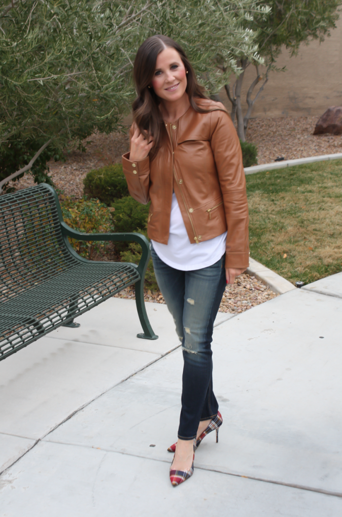 Caramel Leather Jacket, White Shirttail Tee, Distressed Skinny Jeans, Plaid Heels, Nordstrom, Halogen, BP, Rag and Bone, J.Crew 6