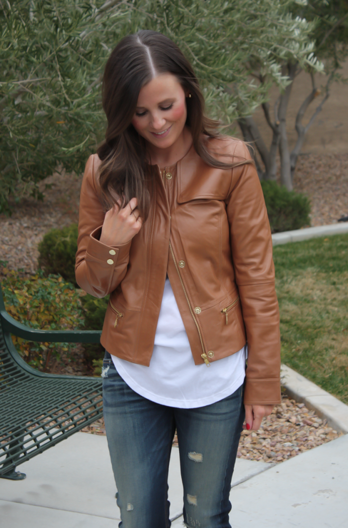 Caramel Leather Jacket, White Shirttail Tee, Distressed Skinny Jeans, Plaid Heels, Nordstrom, Halogen, BP, Rag and Bone, J.Crew 7