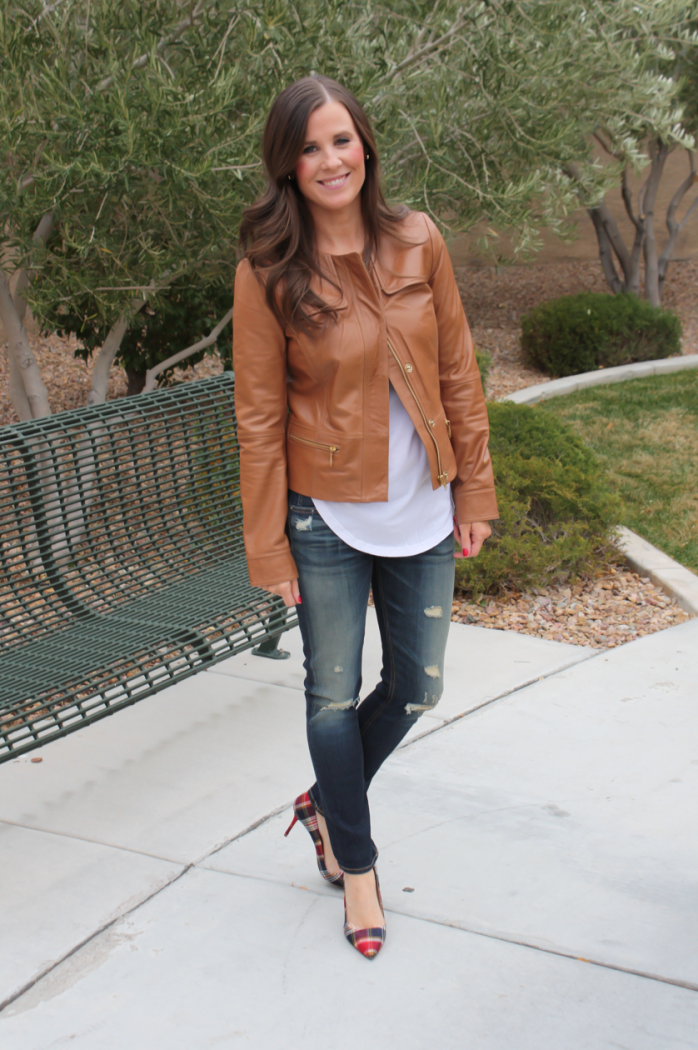 Caramel Leather Jacket, White Shirttail Tee, Distressed Skinny Jeans, Plaid Heels, Nordstrom, Halogen, BP, Rag and Bone, J.Crew