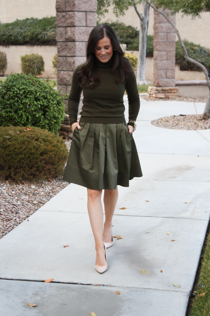 Green Cashmere Turtleneck Sweater, Green Satin Full Skirt, Beige Suede Heels, J.Crew, Banana Republic 11