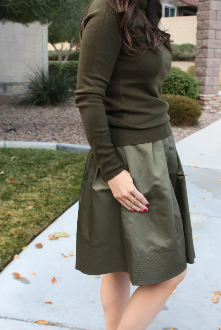 Green Cashmere Turtleneck Sweater, Green Satin Full Skirt, Beige Suede Heels, J.Crew, Banana Republic 15