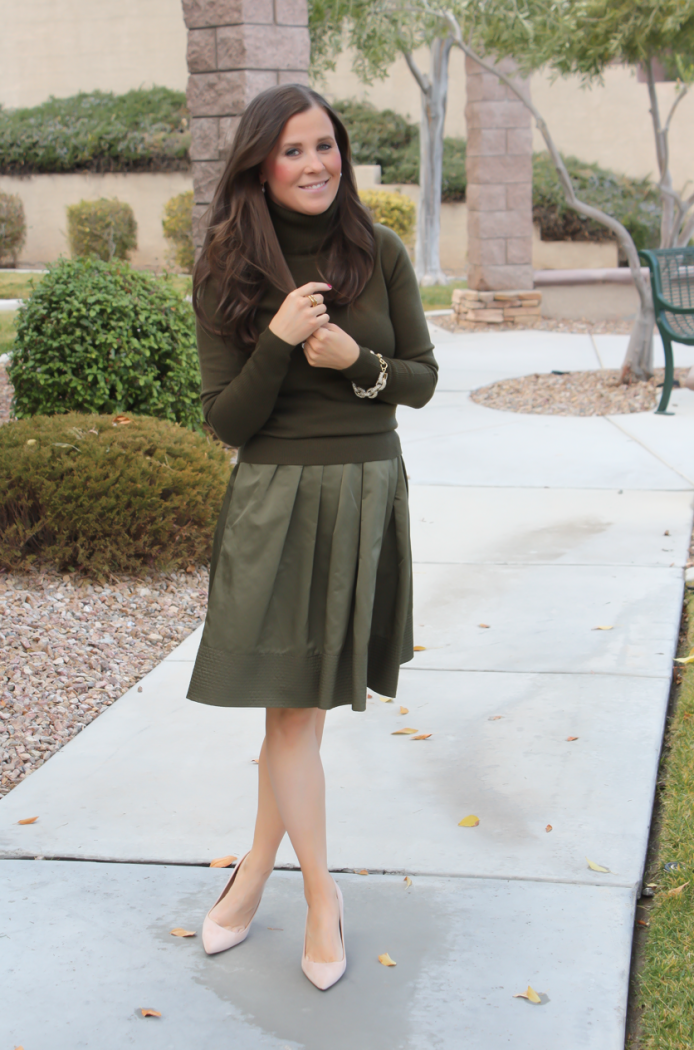 Green Cashmere Turtleneck Sweater, Green Satin Full Skirt, Beige Suede Heels, J.Crew, Banana Republic 17