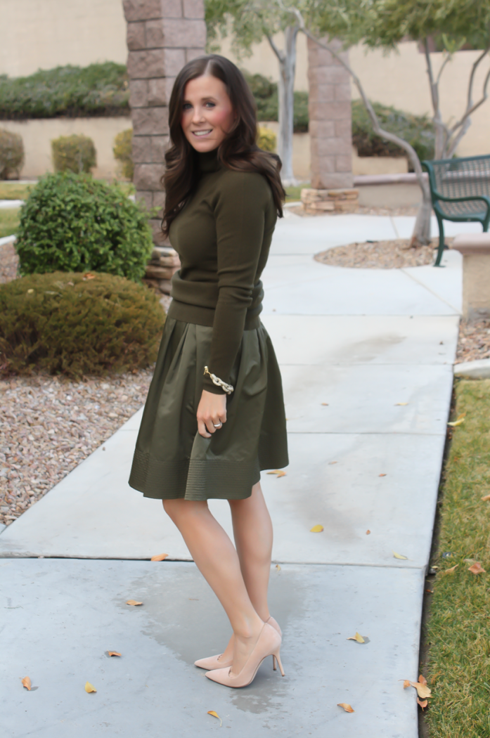 Green Cashmere Turtleneck Sweater, Green Satin Full Skirt, Beige Suede Heels, J.Crew, Banana Republic 18