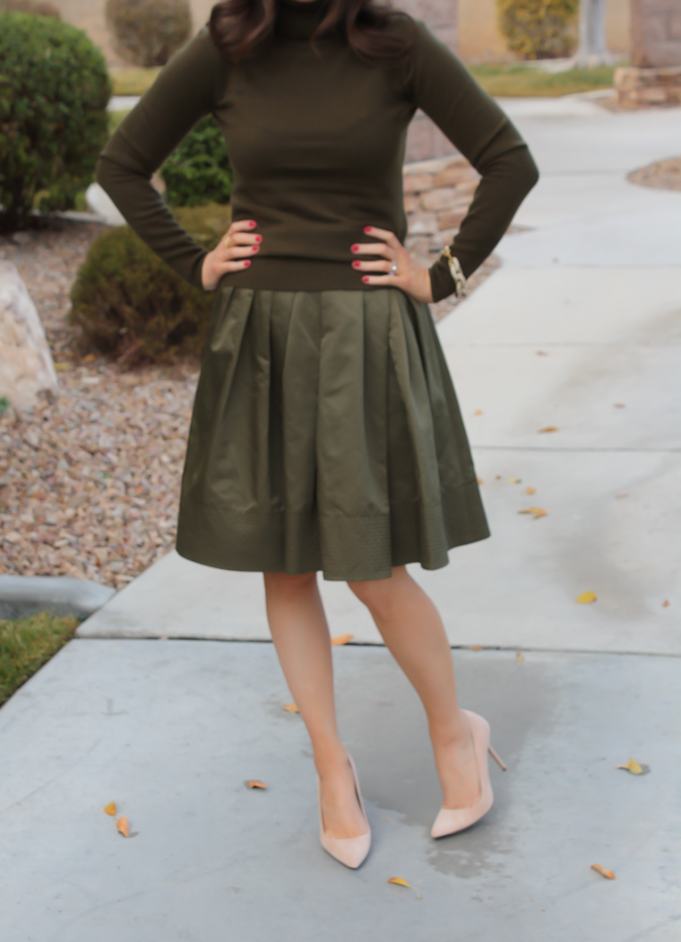 Green Cashmere Turtleneck Sweater, Green Satin Full Skirt, Beige Suede Heels, J.Crew, Banana Republic 19