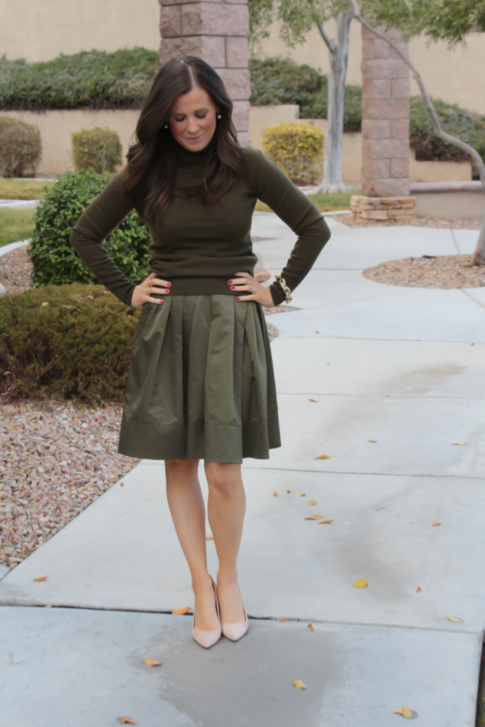 Green Cashmere Turtleneck Sweater, Green Satin Full Skirt, Beige Suede Heels, J.Crew, Banana Republic 2