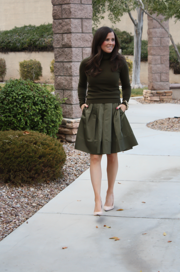 Green Cashmere Turtleneck Sweater, Green Satin Full Skirt, Beige Suede Heels, J.Crew, Banana Republic 20