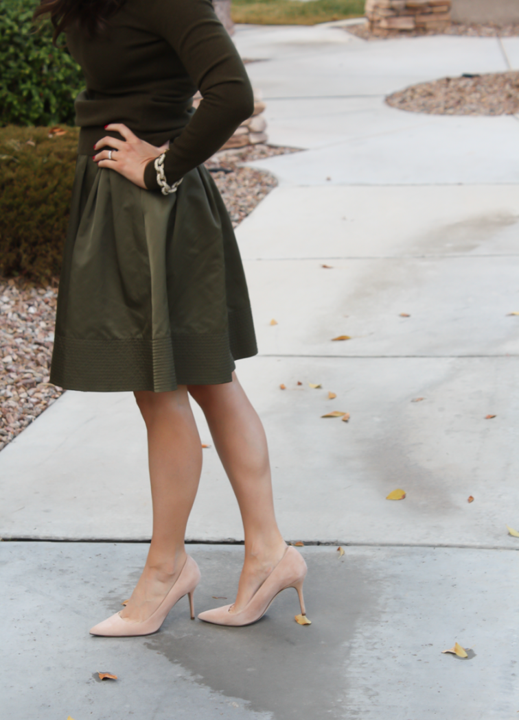 Green Cashmere Turtleneck Sweater, Green Satin Full Skirt, Beige Suede Heels, J.Crew, Banana Republic 5