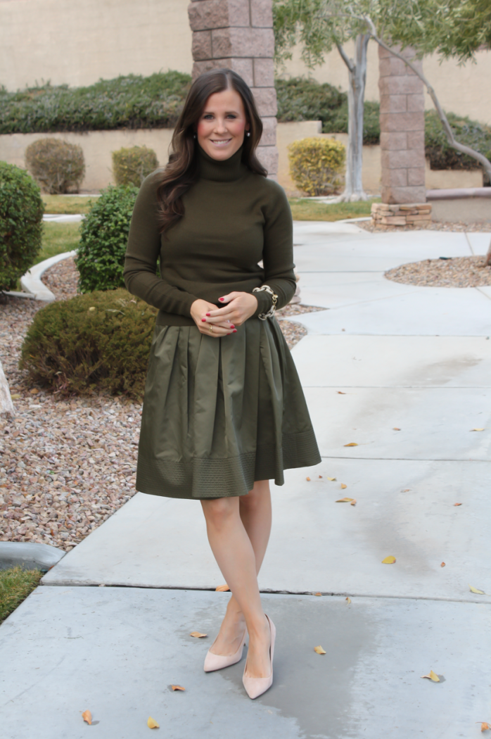 Green Cashmere Turtleneck Sweater, Green Satin Full Skirt, Beige Suede Heels, J.Crew, Banana Republic 6