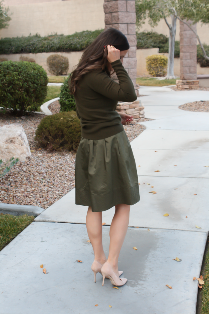 Green Cashmere Turtleneck Sweater, Green Satin Full Skirt, Beige Suede Heels, J.Crew, Banana Republic 8