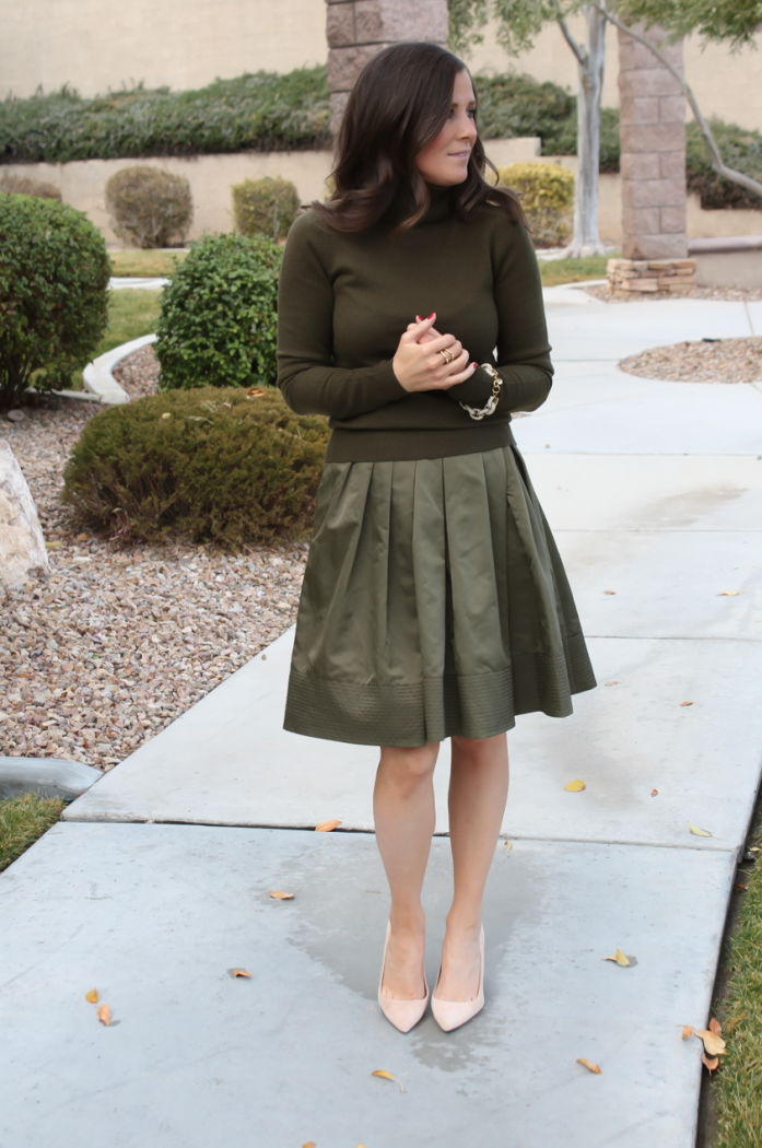 Green Cashmere Turtleneck Sweater, Green Satin Full Skirt, Beige Suede Heels, J.Crew, Banana Republic 9