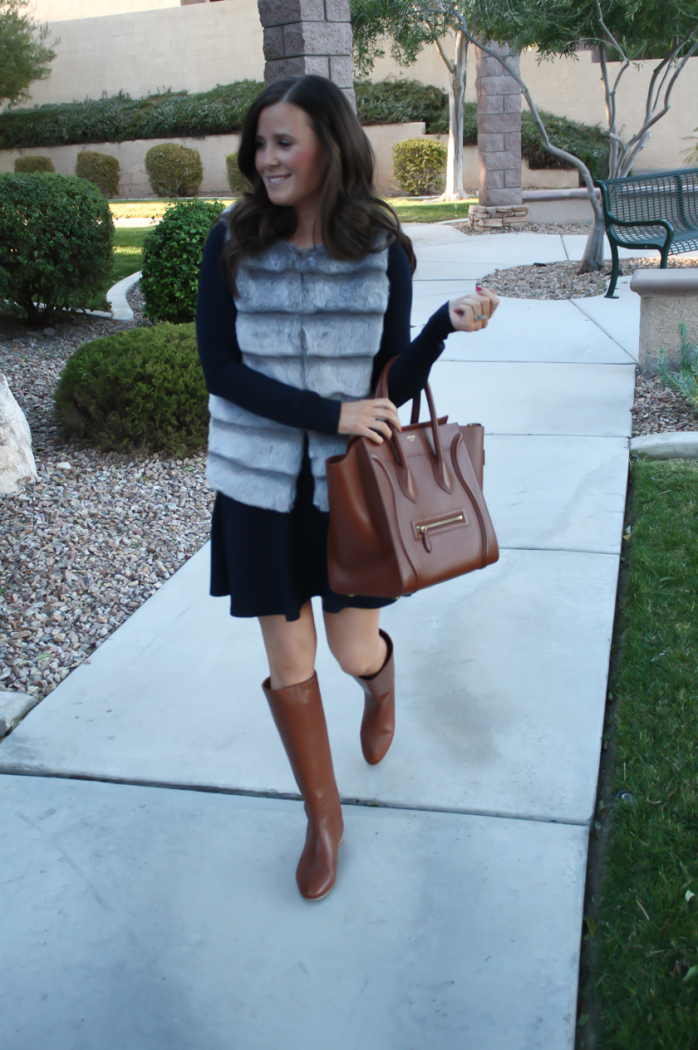 Grey Faux Fur Vest, Navy Ponte Knit Drop Waist Dress, Tall Brown Boots, Brown Leather Tote, Joie, Susana Monaco, Loeffler Randall, Celine 11