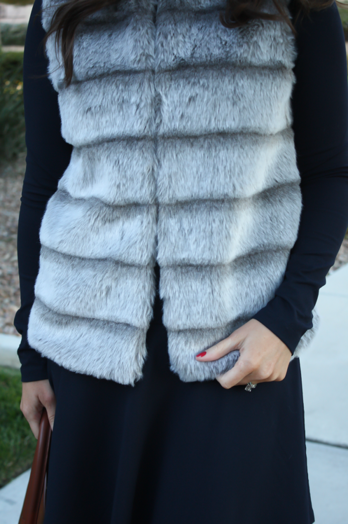 Grey Faux Fur Vest, Navy Ponte Knit Drop Waist Dress, Tall Brown Boots, Brown Leather Tote, Joie, Susana Monaco, Loeffler Randall, Celine 15