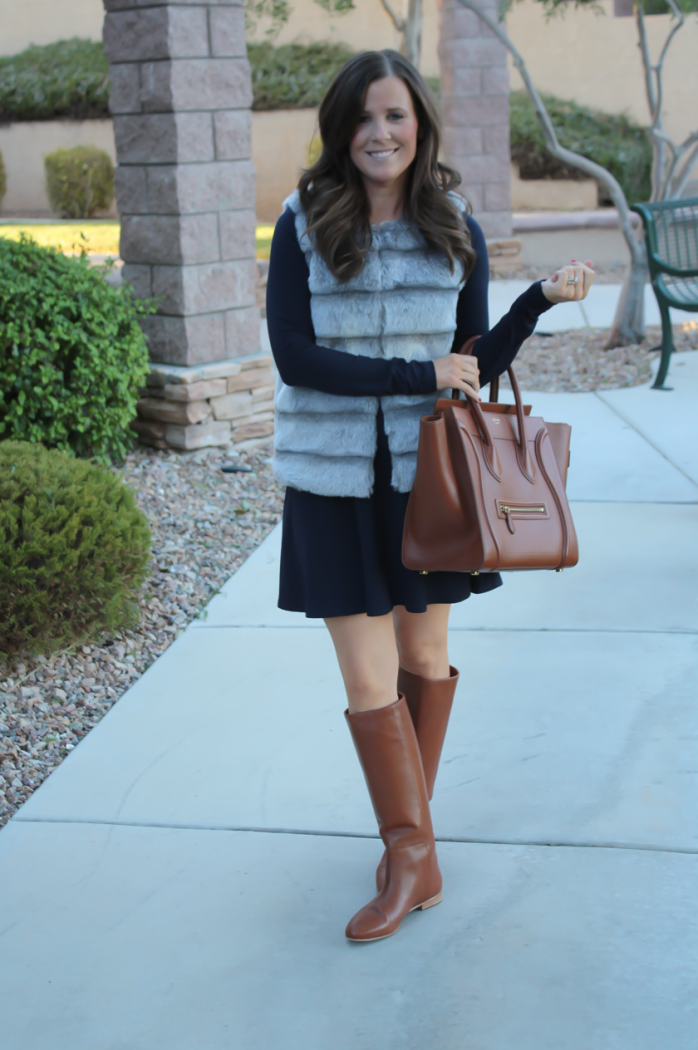 Grey Faux Fur Vest, Navy Ponte Knit Drop Waist Dress, Tall Brown Boots, Brown Leather Tote, Joie, Susana Monaco, Loeffler Randall, Celine 2