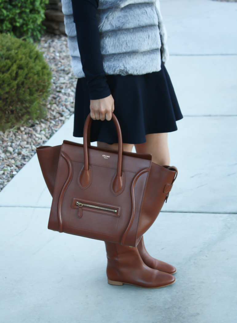 Grey Faux Fur Vest, Navy Ponte Knit Drop Waist Dress, Tall Brown Boots, Brown Leather Tote, Joie, Susana Monaco, Loeffler Randall, Celine 4