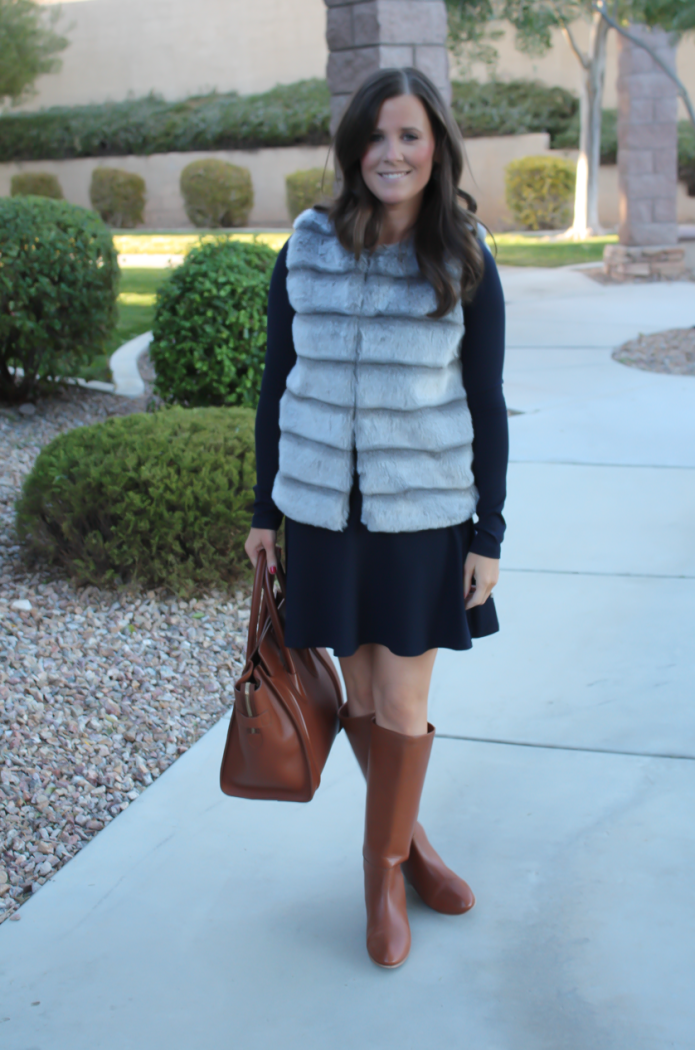 Grey Faux Fur Vest, Navy Ponte Knit Drop Waist Dress, Tall Brown Boots, Brown Leather Tote, Joie, Susana Monaco, Loeffler Randall, Celine 5