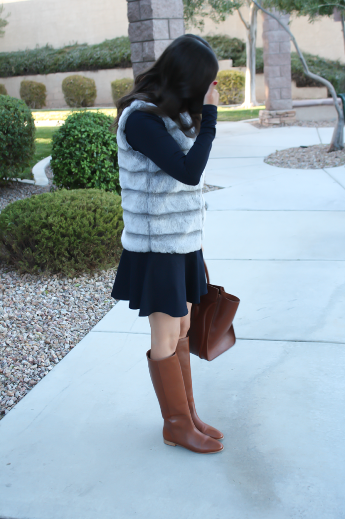 Grey Faux Fur Vest, Navy Ponte Knit Drop Waist Dress, Tall Brown Boots, Brown Leather Tote, Joie, Susana Monaco, Loeffler Randall, Celine 6