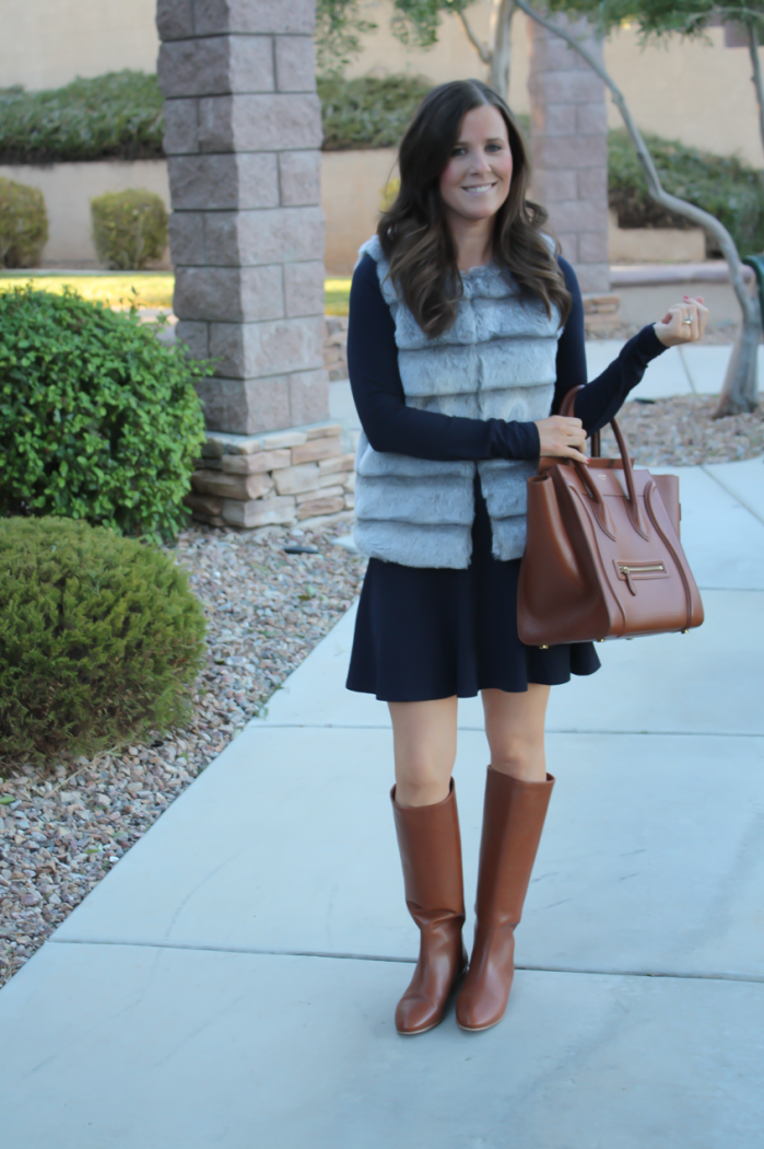 Grey Faux Fur Vest, Navy Ponte Knit Drop Waist Dress, Tall Brown Boots, Brown Leather Tote, Joie, Susana Monaco, Loeffler Randall, Celine