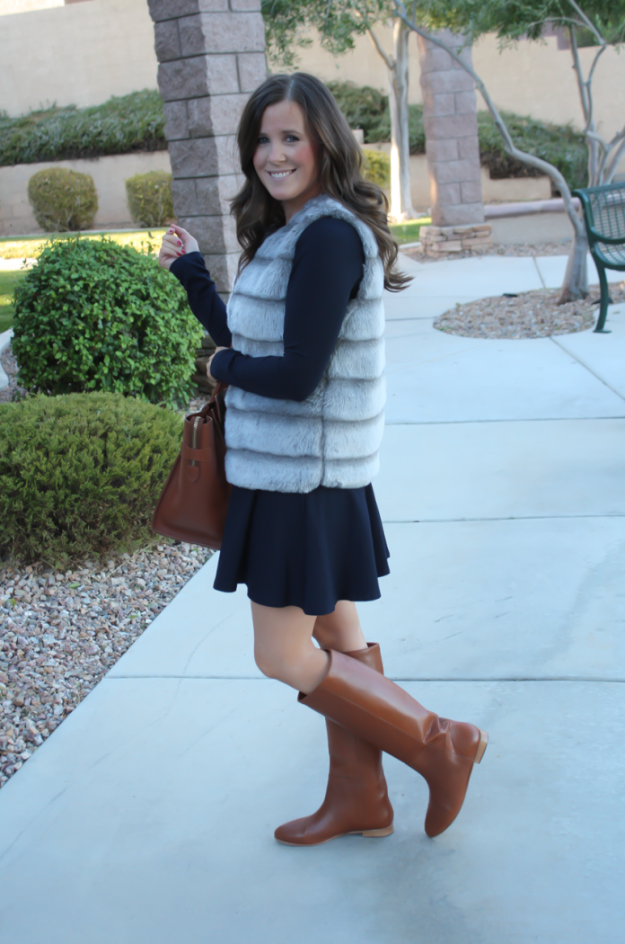 Grey Faux Fur Vest, Navy Ponte Knit Drop Waist Dress, Tall Brown Boots, Brown Leather Tote, Joie, Susana Monaco, Loeffler Randall, Celine 7