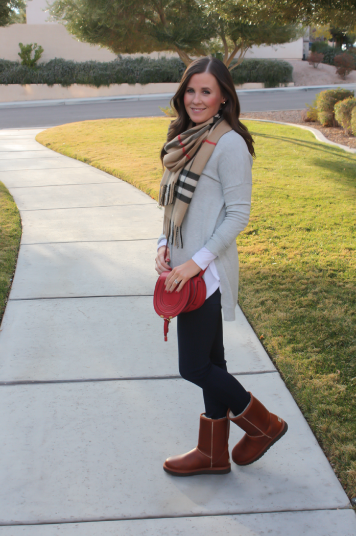 Grey Tunic Sweater, White Tunic Tee, Dark Rinse Skinny Jeans, Short Leather Boots, Plaid Scarf, Red Leather Crossbody, Nordstrom, Paige Jeans, BP, Uggs, Burberry, Chloe 3