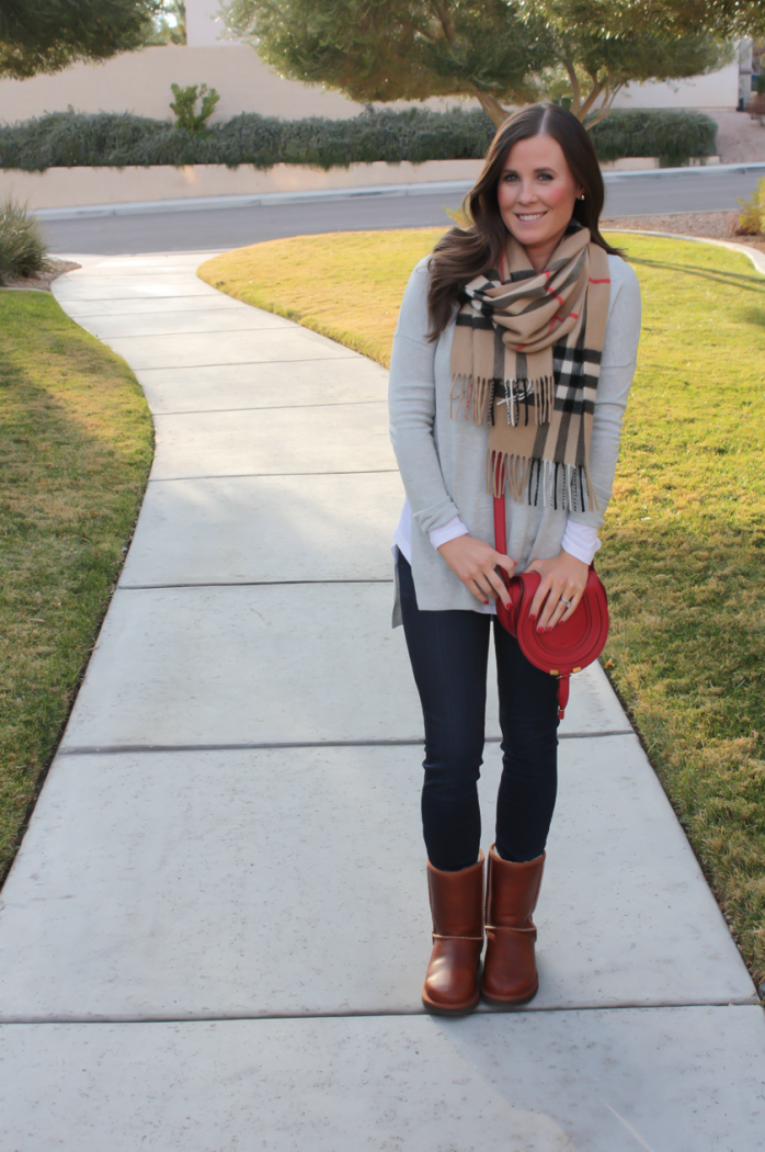 Grey Tunic Sweater, White Tunic Tee, Dark Rinse Skinny Jeans, Short Leather Boots, Plaid Scarf, Red Leather Crossbody, Nordstrom, Paige Jeans, BP, Uggs, Burberry, Chloe 4