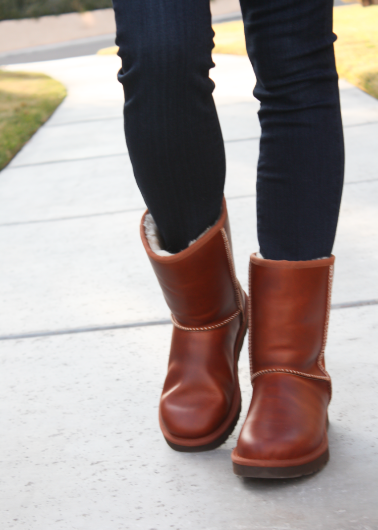 Grey Tunic Sweater, White Tunic Tee, Dark Rinse Skinny Jeans, Short Leather Boots, Plaid Scarf, Red Leather Crossbody, Nordstrom, Paige Jeans, BP, Uggs, Burberry, Chloe 5