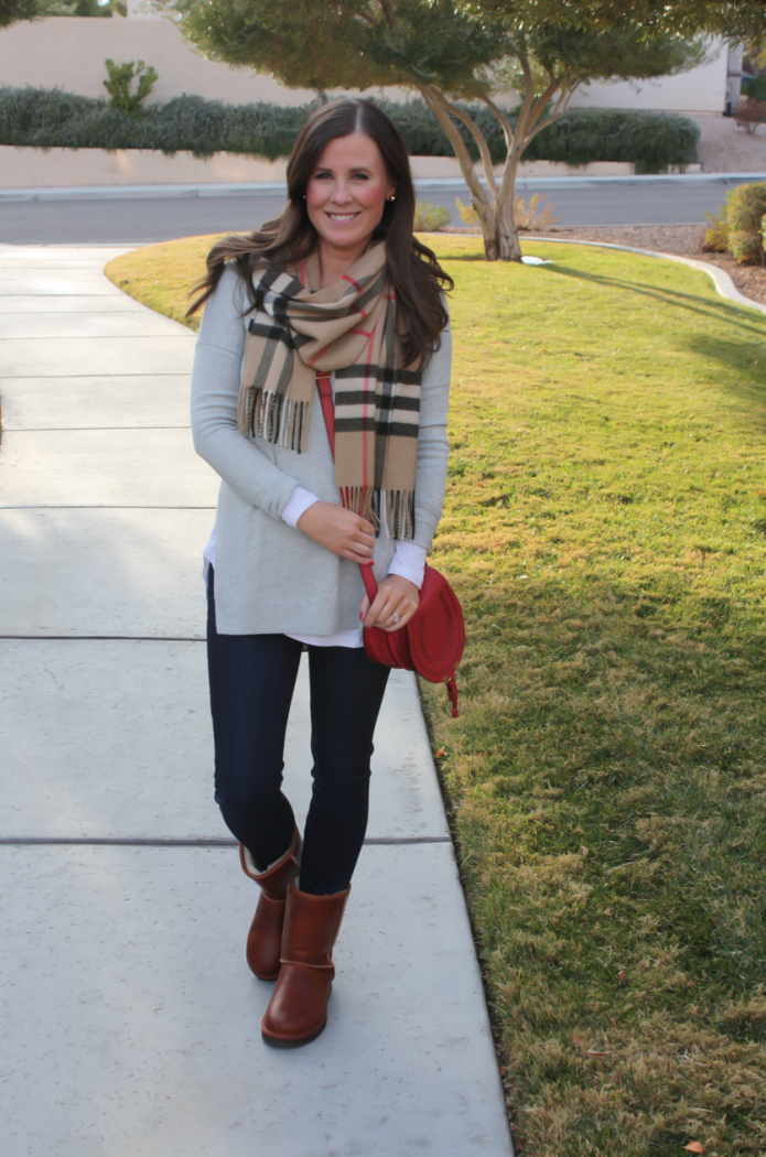 Grey Tunic Sweater, White Tunic Tee, Dark Rinse Skinny Jeans, Short Leather Boots, Plaid Scarf, Red Leather Crossbody, Nordstrom, Paige Jeans, BP, Uggs, Burberry, Chloe