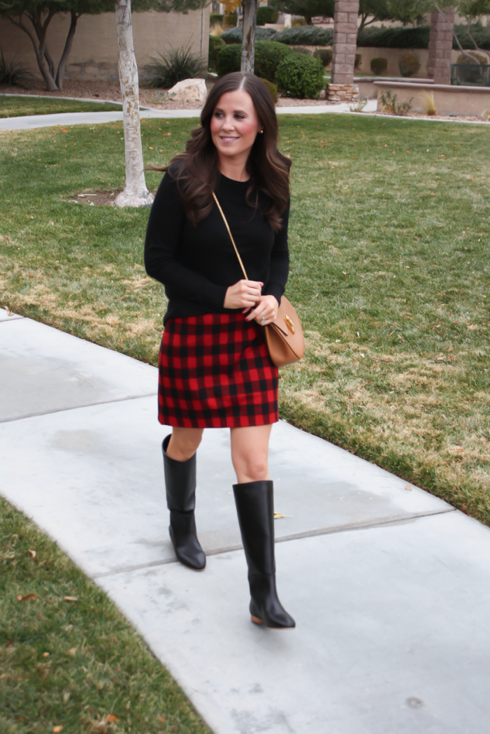 Red and Black Buffalo Plaid Mini Skirt, Black :tunic Sweater, Black Tall Boots, Brown Leather Saddle Bag, Nordstrom, Madewell, Loeffler Randall, Chloe 2