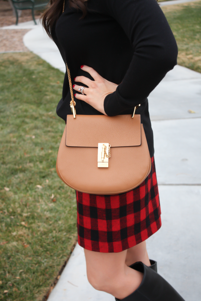 Red and Black Buffalo Plaid Mini Skirt, Black :tunic Sweater, Black Tall Boots, Brown Leather Saddle Bag, Nordstrom, Madewell, Loeffler Randall, Chloe 3