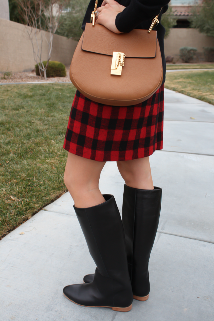 Red and Black Buffalo Plaid Mini Skirt, Black :tunic Sweater, Black Tall Boots, Brown Leather Saddle Bag, Nordstrom, Madewell, Loeffler Randall, Chloe 4