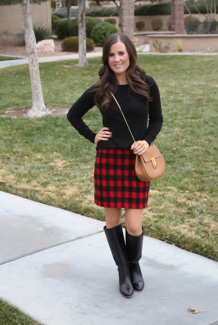 Red and Black Buffalo Plaid Mini Skirt, Black :tunic Sweater, Black Tall Boots, Brown Leather Saddle Bag, Nordstrom, Madewell, Loeffler Randall, Chloe