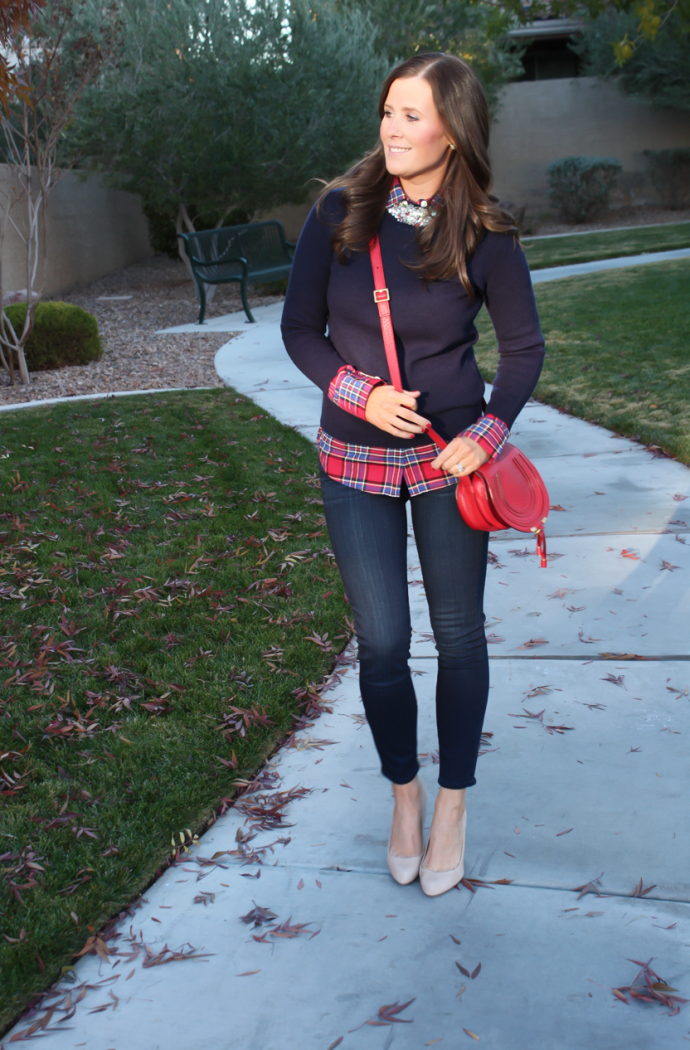 Sequin Collar Navy Sweater, Red Plaid Shirt, Cropped Dark Rinse Skinny Jeans, Red Leather Crossbody Bag, Beige Suede Heels, J.Crew, J.Crew Factory, Paige Denim, Chloe 14