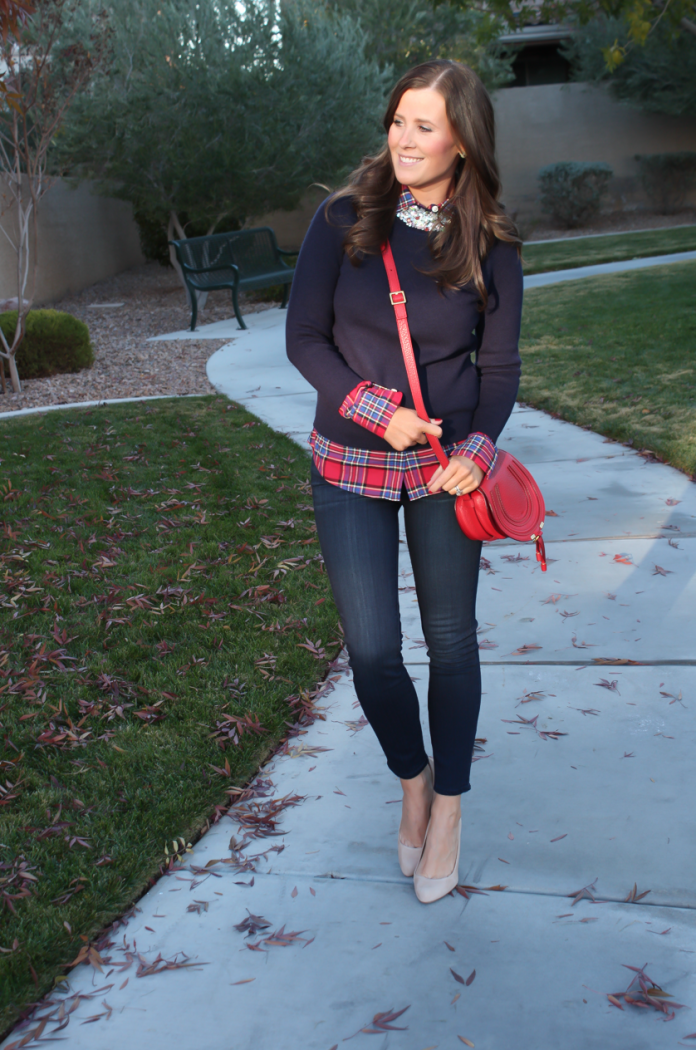 Sequin Collar Navy Sweater, Red Plaid Shirt, Cropped Dark Rinse Skinny Jeans, Red Leather Crossbody Bag, Beige Suede Heels, J.Crew, J.Crew Factory, Paige Denim, Chloe 16